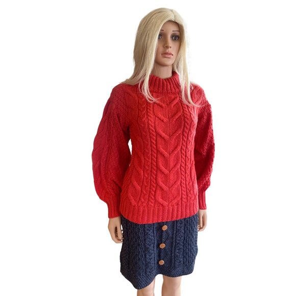 NWT Aran Woollen Mills Red Cable-knit Crew Neck Merino Sweater S Balloon Sleeves - Picture 4 of 14